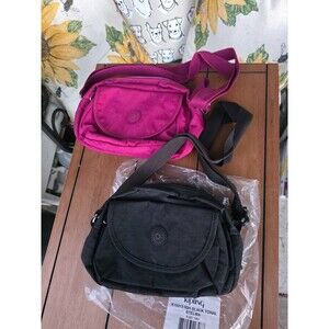 Kipling Crossbody Purse Shoulder Bag Bundle Magenta Pink Bold BLACK- no monkeys